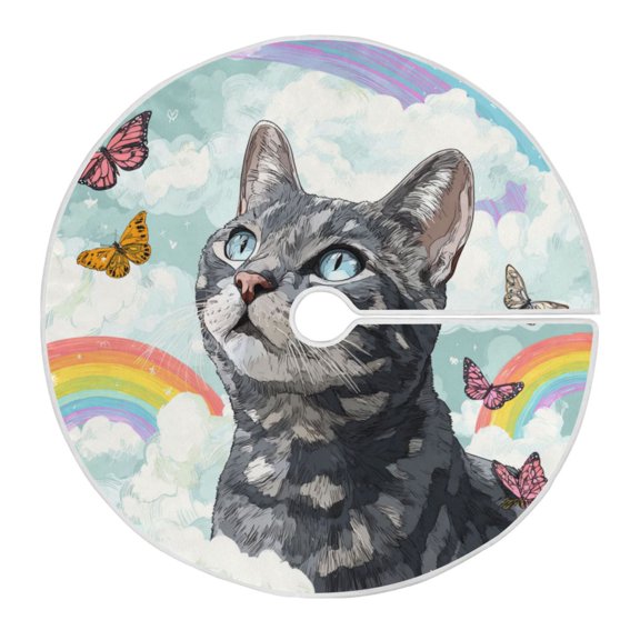 RMDQTR Festive Christmas Tree Skirt35.4x35.4in - Holiday Home Decor for Xmas Party Colorful Butterflies Rainbows and Cat