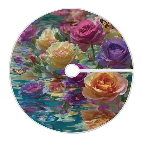 RMDQTR Festive Christmas Tree Skirt35.4x35.4in - Holiday Home Decor for Xmas Party Colorful Roses Floating on Water