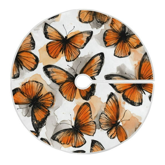 RMDQTR Festive Christmas Tree Skirt35.4x35.4in - Holiday Home Decor for Xmas Party Orange Sketch Butterfly Pattern