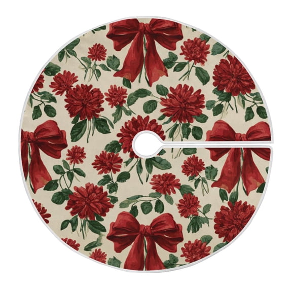 RMDQTR Festive Christmas Tree Skirt35.4x35.4in - Holiday Home Decor for Xmas Party Red Christmas Bows and Floral