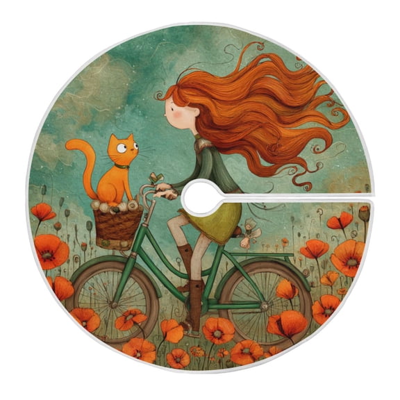 RMDQTR Festive Christmas Tree Skirt35.4x35.4in - Holiday Home Decor for Xmas Party Red-haired Girl and Orange Cat