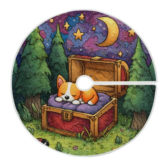 RMDQTR Festive Christmas Tree Skirt35.4x35.4in - Holiday Home Decor for Xmas Party Sleeping Corgi in A Treasure Chest