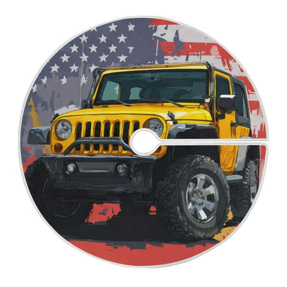 RMDQTR Festive Christmas Tree Skirt35.4x35.4in - Holiday Home Decor for Xmas Party Yellow Jeep Car Pattern