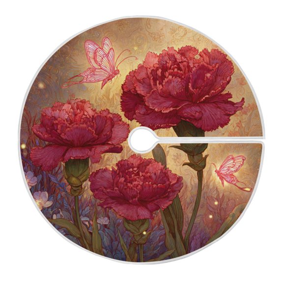 RMDQTR Festive Christmas Tree Skirt47.2x47.2in - Holiday Home Decor for Xmas Party Blooming Red Carnations