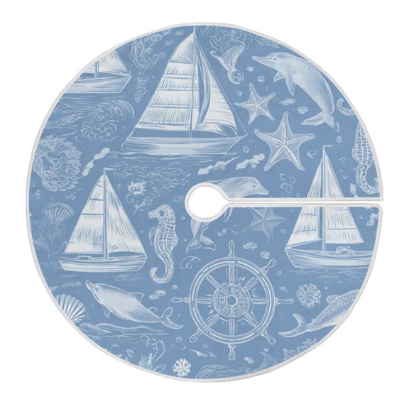 RMDQTR Festive Christmas Tree Skirt47.2x47.2in - Holiday Home Decor for Xmas Party Blue Nautical Style Pattern