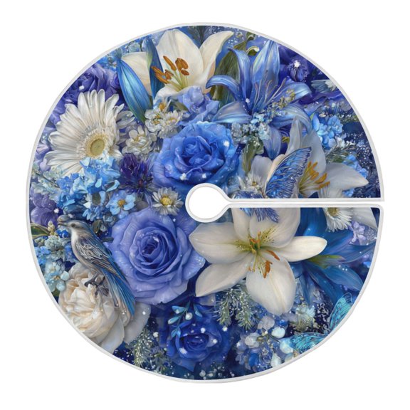RMDQTR Festive Christmas Tree Skirt47.2x47.2in - Holiday Home Decor for Xmas Party Blue and White Crystal Roses
