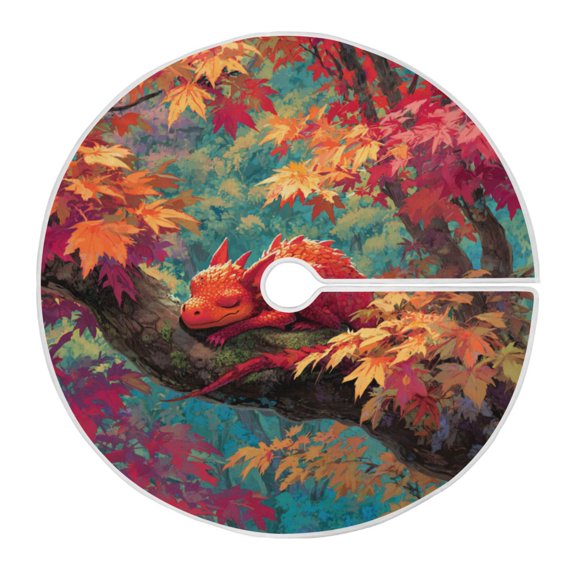 RMDQTR Festive Christmas Tree Skirt47.2x47.2in - Holiday Home Decor for Xmas Party Cute Red Dragon at Rest