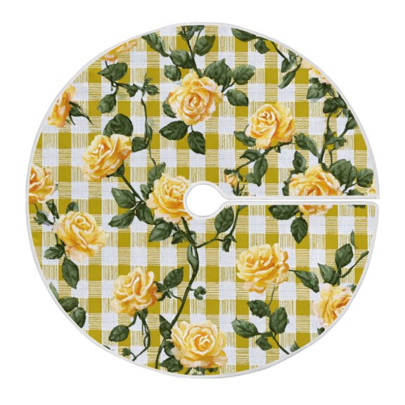 RMDQTR Festive Christmas Tree Skirt47.2x47.2in - Holiday Home Decor for Xmas Party Gingham Pattern Yellow Roses