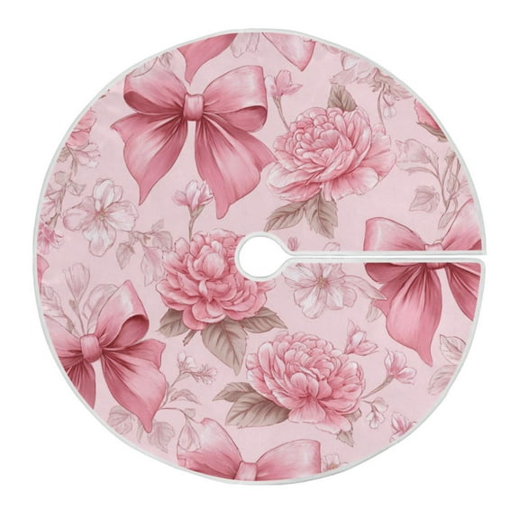RMDQTR Festive Christmas Tree Skirt47.2x47.2in - Holiday Home Decor for Xmas Party Pink Bows and Peony Flowers