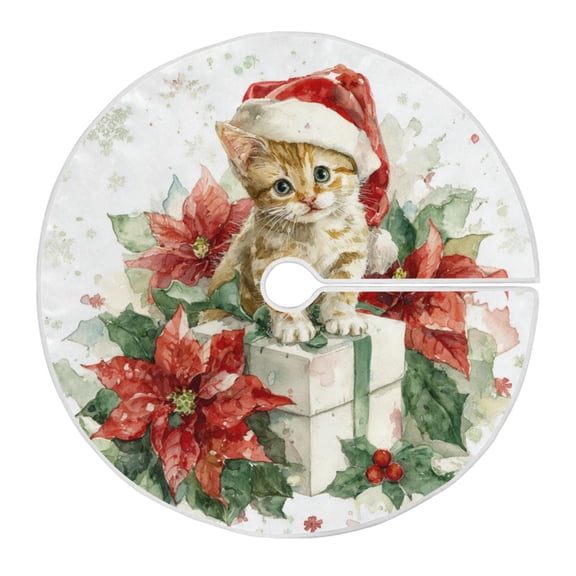 RMDQTR Festive Christmas Tree Skirt47.2x47.2in - Holiday Home Decor for Xmas Party Poinsettia Flowers and Christmas Kitten
