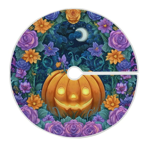 RMDQTR Festive Christmas Tree Skirt47.2x47.2in - Holiday Home Decor for Xmas Party Pumpkin and Purple Flowers