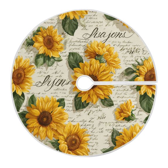 RMDQTR Festive Christmas Tree Skirt47.2x47.2in - Holiday Home Decor for Xmas Party Vintage Paper with Sunflowers