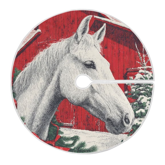 RMDQTR Festive Christmas Tree Skirt47.2x47.2in - Holiday Home Decor for Xmas Party White Horse with Red Bow