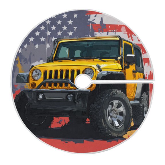 RMDQTR Festive Christmas Tree Skirt47.2x47.2in - Holiday Home Decor for Xmas Party Yellow Jeep Car Pattern