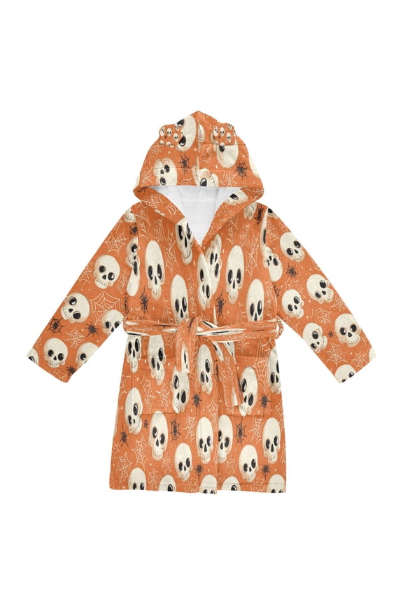 Hooded Fleece Bathrobe with Removable Belt and Pockets Soft and Absorbent for Home, Pool, Beach, Halloween, and Christmas Wear Adorable Skulls and Spider Webs