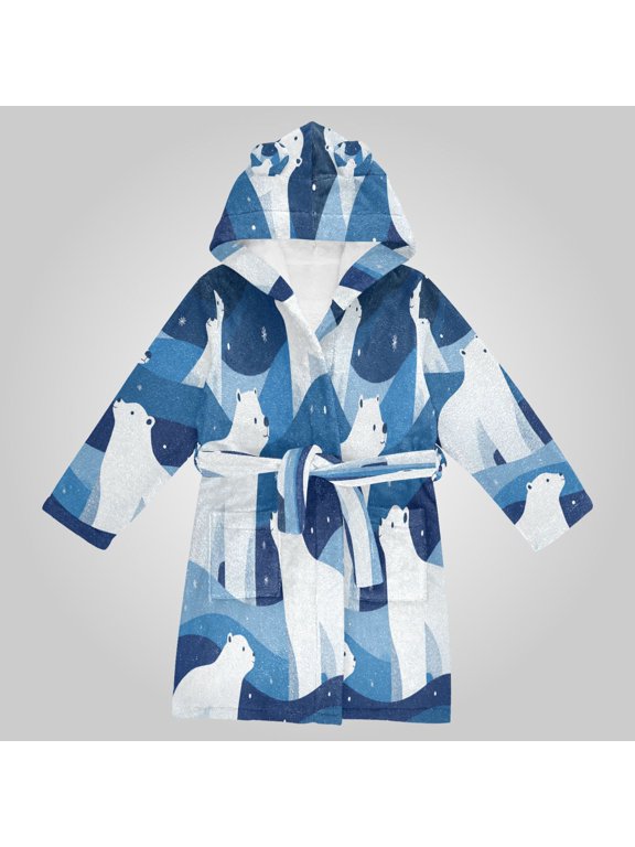 Hooded Fleece Bathrobe with Removable Belt and Pockets Soft and Absorbent for Home, Pool, Beach, Halloween, and Christmas Wear Arctic Night Bear Art