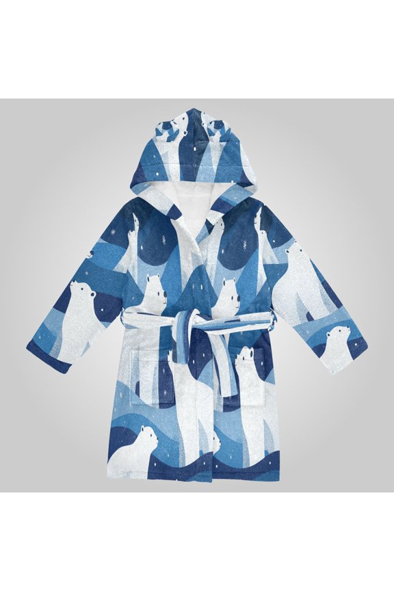 Hooded Fleece Bathrobe with Removable Belt and Pockets Soft and Absorbent for Home, Pool, Beach, Halloween, and Christmas Wear Arctic Night Bear Art