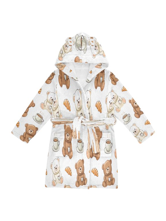 Hooded Fleece Bathrobe with Removable Belt and Pockets Soft and Absorbent for Home, Pool, Beach, Halloween, and Christmas Wear Bear Pattern with Coffee