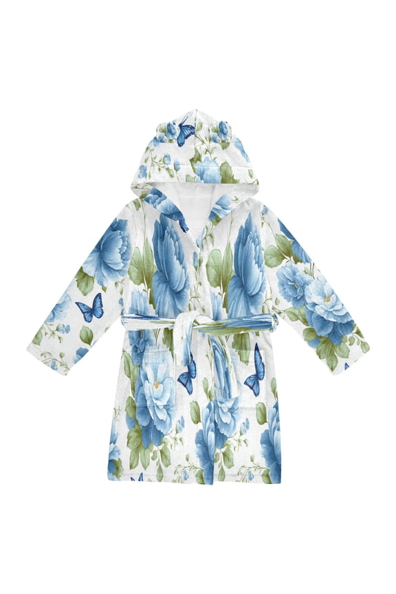 Hooded Fleece Bathrobe with Removable Belt and Pockets Soft and Absorbent for Home, Pool, Beach, Halloween, and Christmas Wear Beautiful Blue Orchids and Butterflies