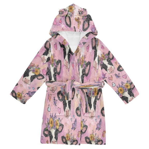 RMDQTR Hooded Fleece Bathrobe with Removable Belt and Pockets Soft and Absorbent for Home, Pool, Beach, Halloween, and Christmas Wear Beautiful Cows with Flowers