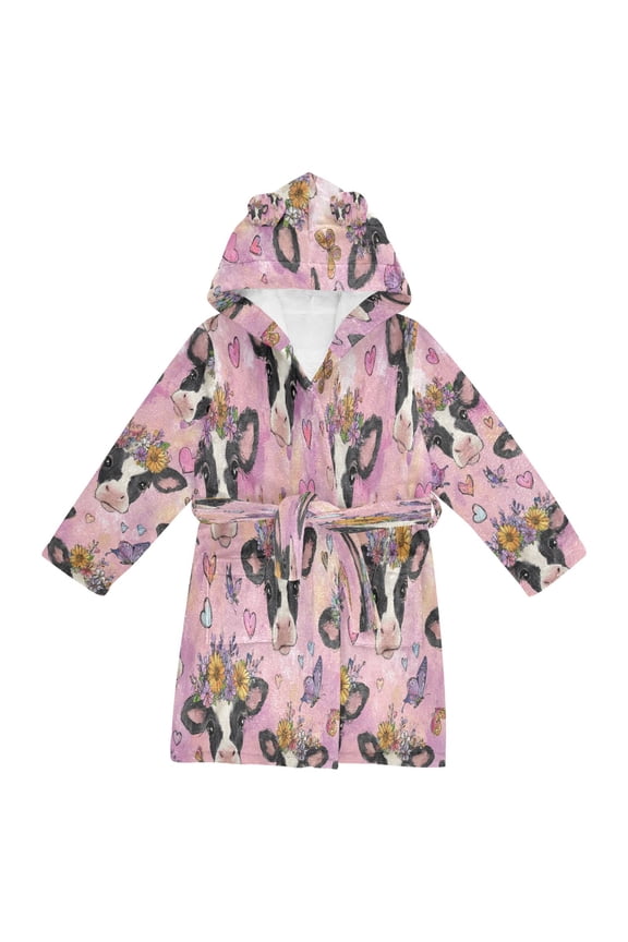 Hooded Fleece Bathrobe with Removable Belt and Pockets Soft and Absorbent for Home, Pool, Beach, Halloween, and Christmas Wear Beautiful Cows with Flowers