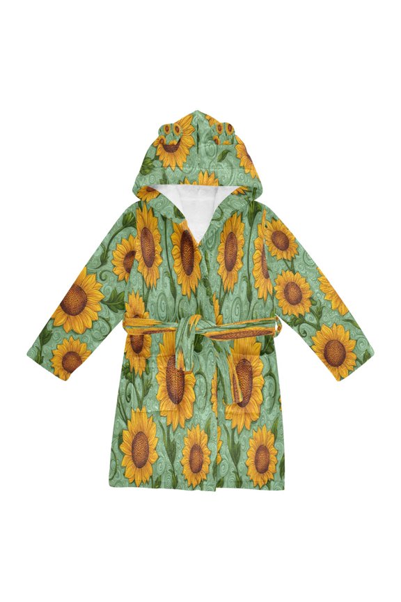 Hooded Fleece Bathrobe with Removable Belt and Pockets Soft and Absorbent for Home, Pool, Beach, Halloween, and Christmas Wear Beautiful Hand-painted Sunflowers