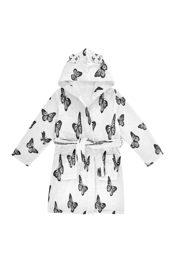 Hooded Fleece Bathrobe with Removable Belt and Pockets Soft and Absorbent for Home, Pool, Beach, Halloween, and Christmas Wear Black Butterflies