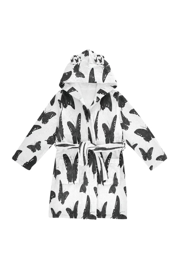 Hooded Fleece Bathrobe with Removable Belt and Pockets Soft and Absorbent for Home, Pool, Beach, Halloween, and Christmas Wear Black Butterfly Seamless Pattern