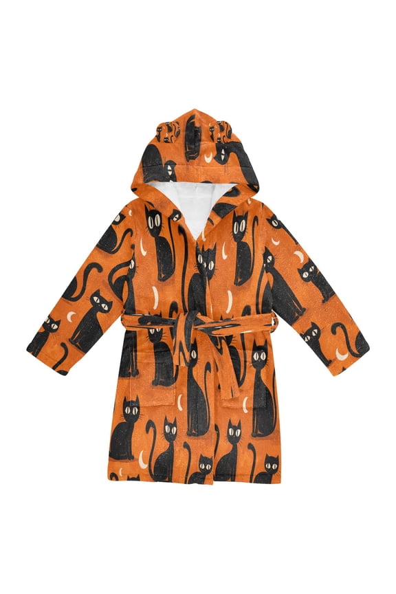 Hooded Fleece Bathrobe with Removable Belt and Pockets Soft and Absorbent for Home, Pool, Beach, Halloween, and Christmas Wear Black Cat with Moon Design