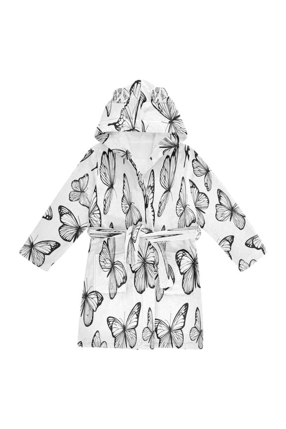 Hooded Fleece Bathrobe with Removable Belt and Pockets Soft and Absorbent for Home, Pool, Beach, Halloween, and Christmas Wear Black and White Butterfly
