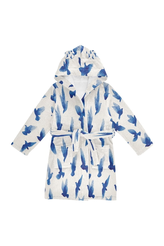 Hooded Fleece Bathrobe with Removable Belt and Pockets Soft and Absorbent for Home, Pool, Beach, Halloween, and Christmas Wear Blue Birds in Flight