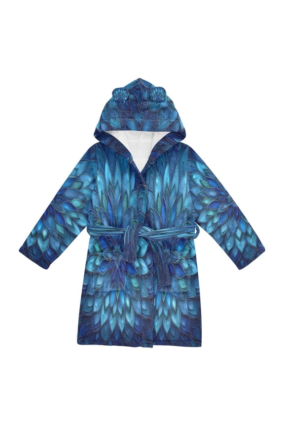 Hooded Fleece Bathrobe with Removable Belt and Pockets Soft and Absorbent for Home, Pool, Beach, Halloween, and Christmas Wear Blue Glass Feathers Pattern