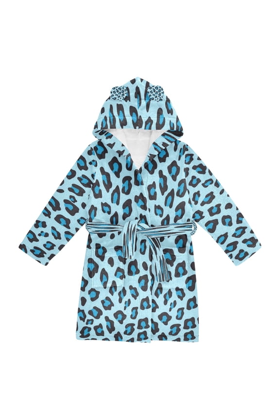 Hooded Fleece Bathrobe with Removable Belt and Pockets Soft and Absorbent for Home, Pool, Beach, Halloween, and Christmas Wear Blue Leopard Print