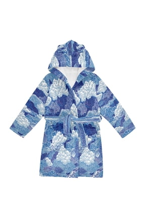 Hooded Fleece Bathrobe with Removable Belt and Pockets Soft and Absorbent for Home, Pool, Beach, Halloween, and Christmas Wear Blue and White Auspicious Clouds