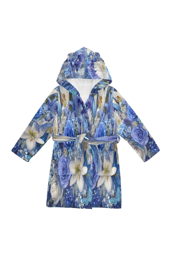 Hooded Fleece Bathrobe with Removable Belt and Pockets Soft and Absorbent for Home, Pool, Beach, Halloween, and Christmas Wear Blue and White Crystal Roses