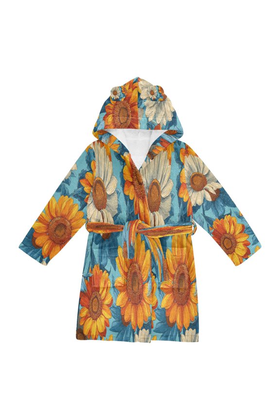 Hooded Fleece Bathrobe with Removable Belt and Pockets Soft and Absorbent for Home, Pool, Beach, Halloween, and Christmas Wear Blue and Yellow Beautiful Sunflowers