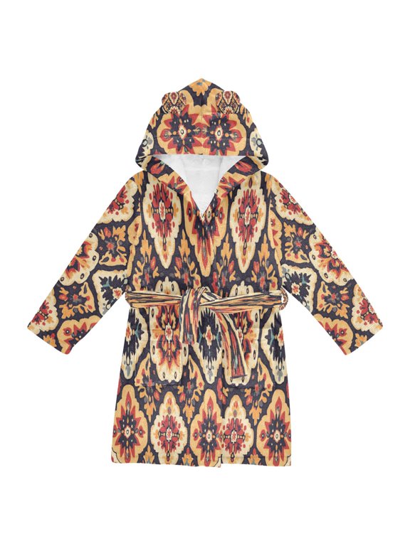 Hooded Fleece Bathrobe with Removable Belt and Pockets Soft and Absorbent for Home, Pool, Beach, Halloween, and Christmas Wear Boho Style Pattern