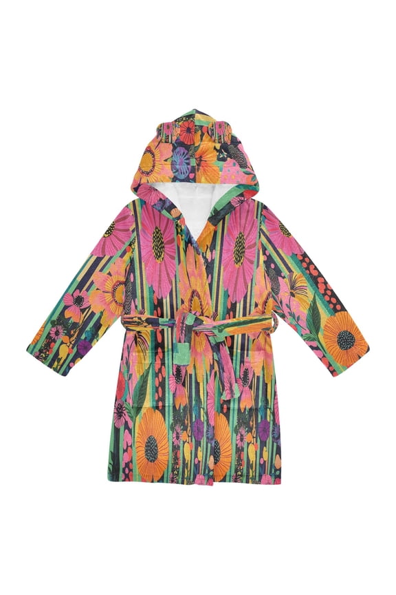 Hooded Fleece Bathrobe with Removable Belt and Pockets Soft and Absorbent for Home, Pool, Beach, Halloween, and Christmas Wear Bold Floral Patterns