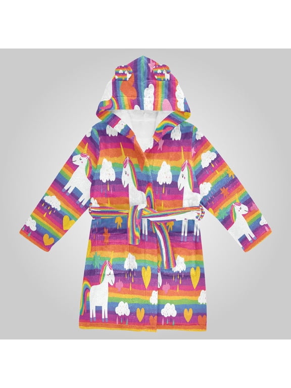 Hooded Fleece Bathrobe with Removable Belt and Pockets Soft and Absorbent for Home, Pool, Beach, Halloween, and Christmas Wear Bright Rainbow Unicorn Seamless