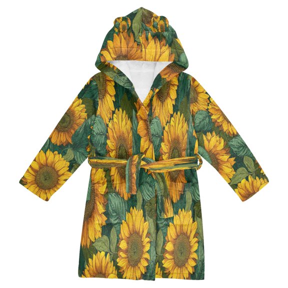 RMDQTR Hooded Fleece Bathrobe with Removable Belt and Pockets Soft and Absorbent for Home, Pool, Beach, Halloween, and Christmas Wear Bright Yellow Sunflowers