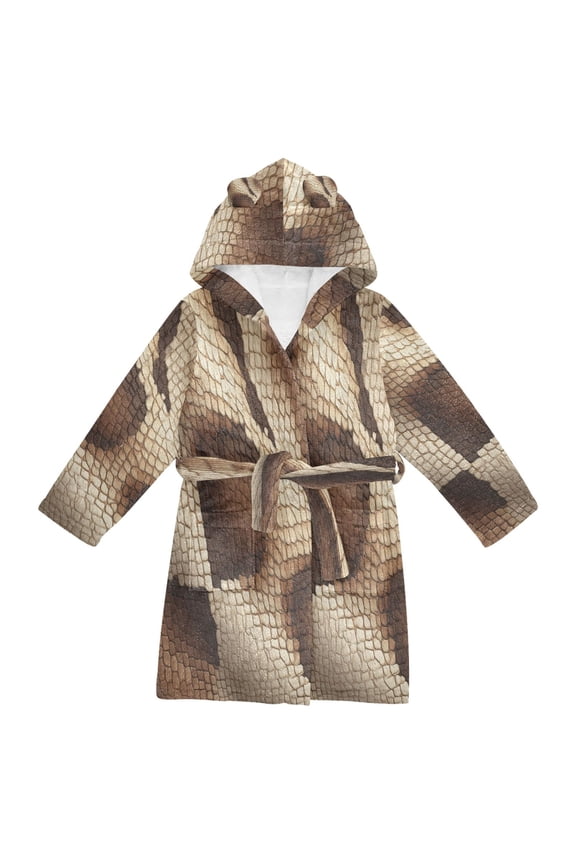 Hooded Fleece Bathrobe with Removable Belt and Pockets Soft and Absorbent for Home, Pool, Beach, Halloween, and Christmas Wear Brown Snake Skin Pattern