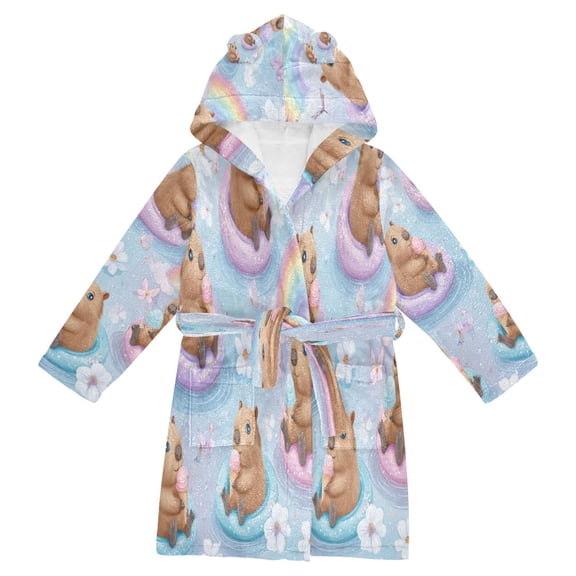RMDQTR Hooded Fleece Bathrobe with Removable Belt and Pockets Soft and Absorbent for Home, Pool, Beach, Halloween, and Christmas Wear Capybaras Eating Ice Cream