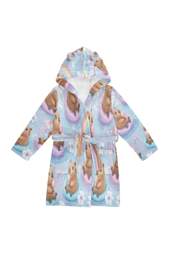Hooded Fleece Bathrobe with Removable Belt and Pockets Soft and Absorbent for Home, Pool, Beach, Halloween, and Christmas Wear Capybaras Eating Ice Cream