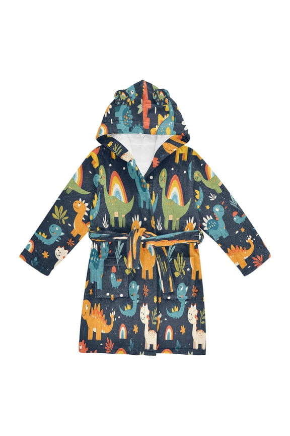 Hooded Fleece Bathrobe with Removable Belt and Pockets Soft and Absorbent for Home, Pool, Beach, Halloween, and Christmas Wear Cartoon Dinasour Patterns