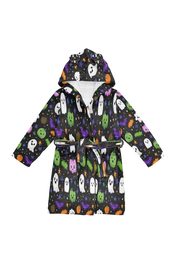Hooded Fleece Bathrobe with Removable Belt and Pockets Soft and Absorbent for Home, Pool, Beach, Halloween, and Christmas Wear Cartoon Ghosts Pumpkins