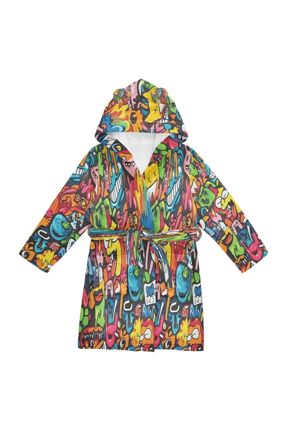 Hooded Fleece Bathrobe with Removable Belt and Pockets Soft and Absorbent for Home, Pool, Beach, Halloween, and Christmas Wear Cartoon Graffiti Style