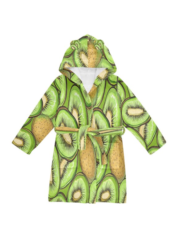 Hooded Fleece Bathrobe with Removable Belt and Pockets Soft and Absorbent for Home, Pool, Beach, Halloween, and Christmas Wear Cartoon Kiwi Fruit Patterns