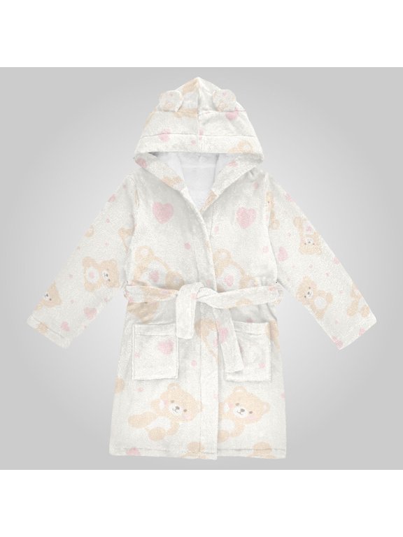 Hooded Fleece Bathrobe with Removable Belt and Pockets Soft and Absorbent for Home, Pool, Beach, Halloween, and Christmas Wear Charming Bear Heart Pattern