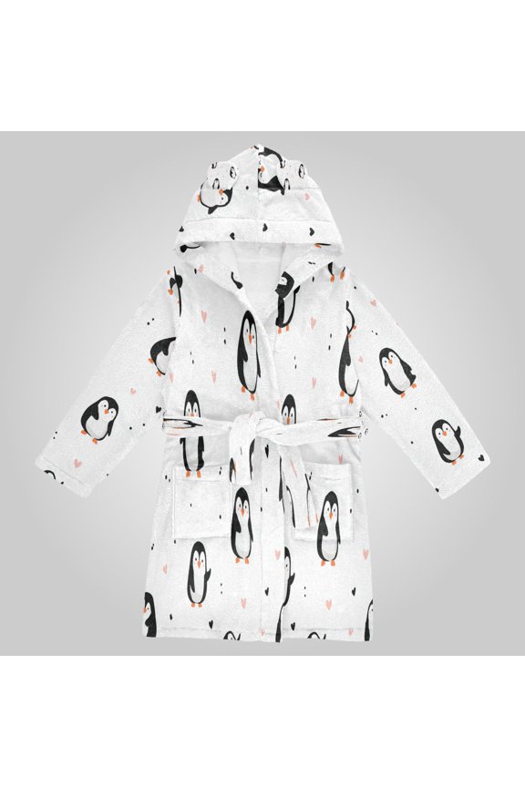 Hooded Fleece Bathrobe with Removable Belt and Pockets Soft and Absorbent for Home, Pool, Beach, Halloween, and Christmas Wear Charming Penguin Doodle Pattern