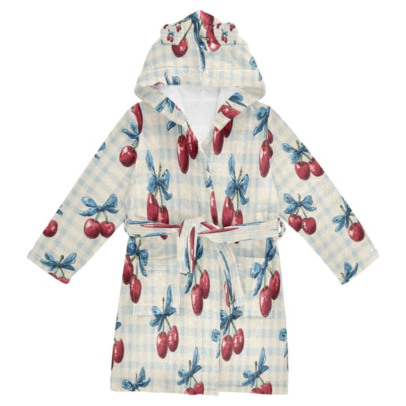 RMDQTR Hooded Fleece Bathrobe with Removable Belt and Pockets Soft and Absorbent for Home, Pool, Beach, Halloween, and Christmas Wear Cherries and Bows